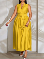 Women's Mustard Yellow Satin V-Neck Waist Tie Maxi Dress