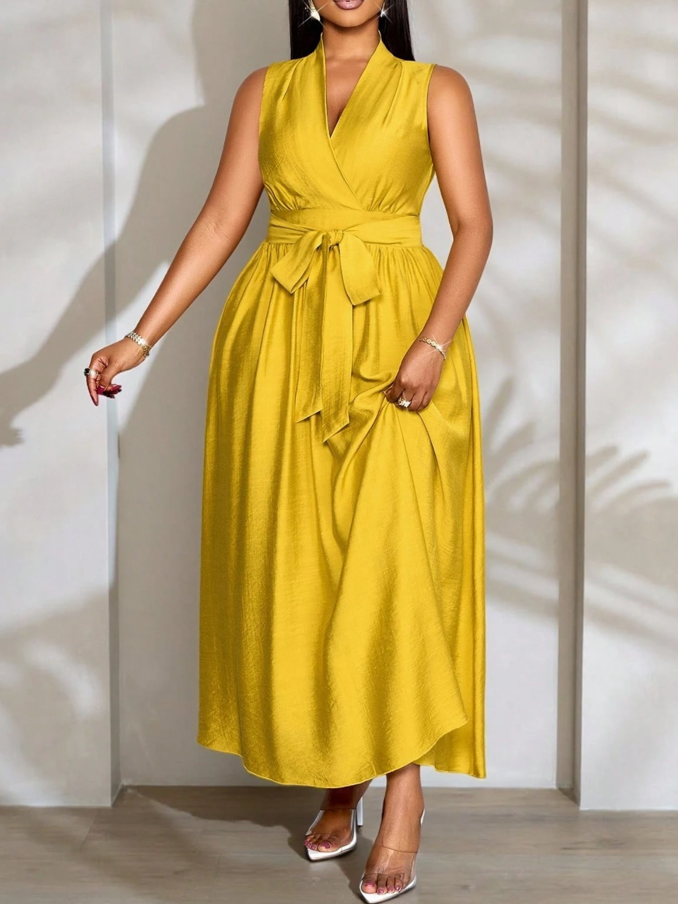 Women's Mustard Yellow Satin V-Neck Waist Tie Maxi Dress