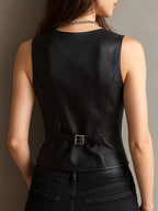 Sharp V-Neck Black Eco Leather Waist-cinched Waistcoat