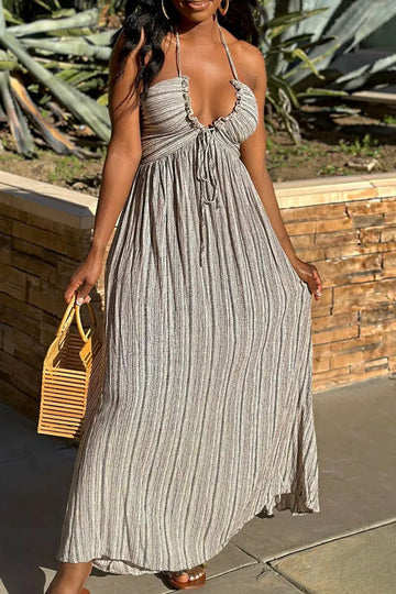 Women's Halter Neck Low Cut Long Vacation Dress