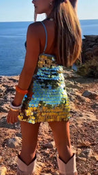 Women Sequin Camisole Beach Vacation Casual Style Mini Dresses
