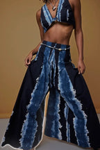 Women's Tie Dye Striped Sleeveless V Neck Knot Front Crop Bra Top Or High Waist Wide Leg Palazzo Pants