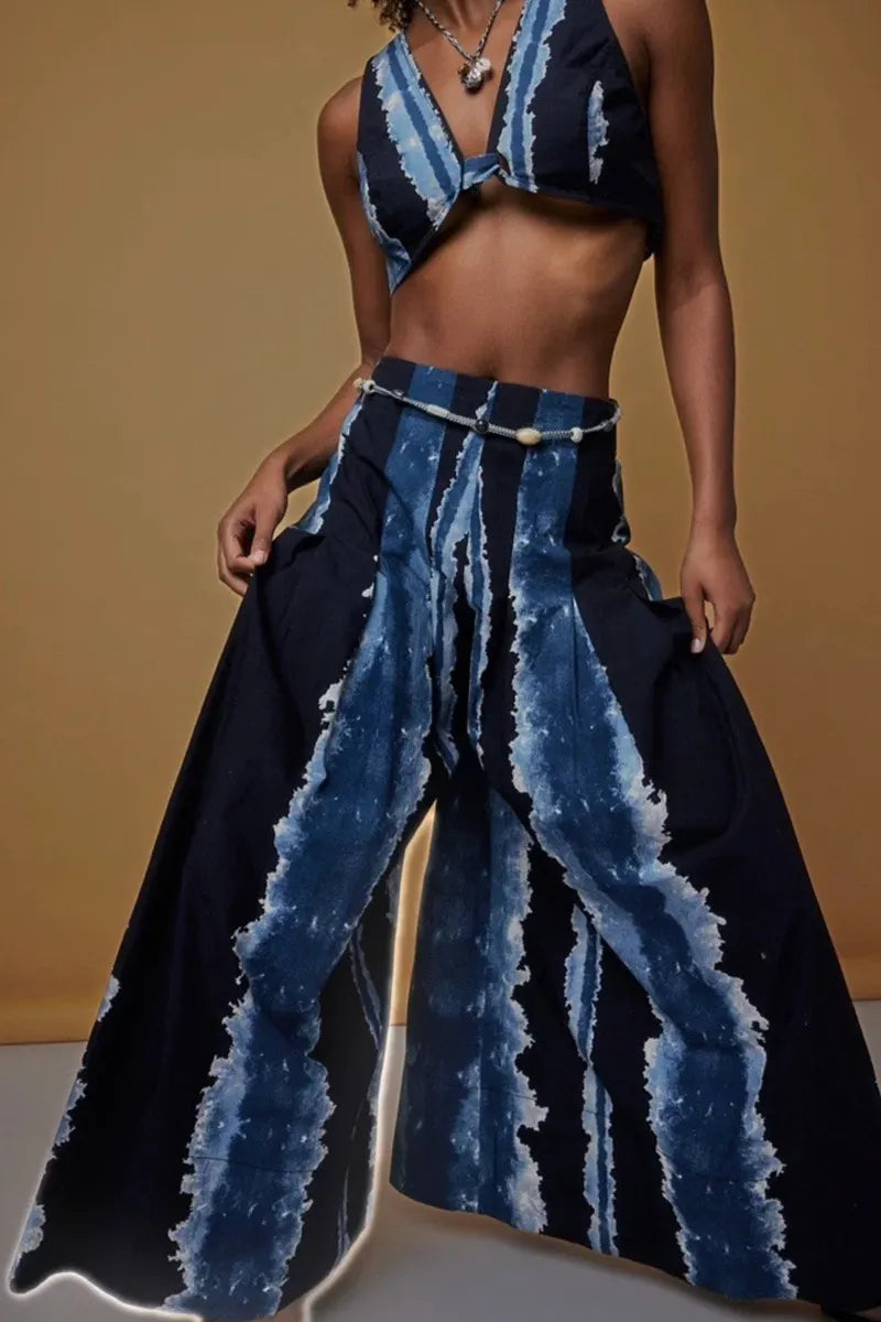 Women's Tie Dye Striped Sleeveless V Neck Knot Front Crop Bra Top Or High Waist Wide Leg Palazzo Pants