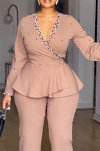 Women's Elegant V-Neck Beaded Flounce Shirts & Pants