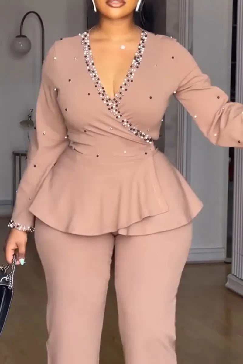 Women's Elegant V-Neck Beaded Flounce Shirts & Pants
