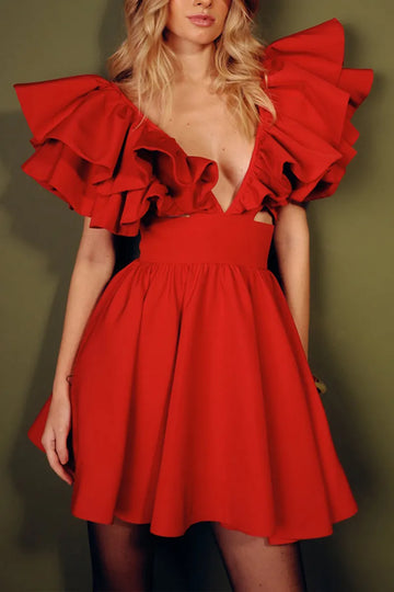 Women's Fashion Flounce-Sleeve V-Neck Mini Dress