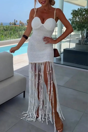 Women Spaghetti Strap Patchwork Tassel Woven Vacation Casual Style Maxi Dresses