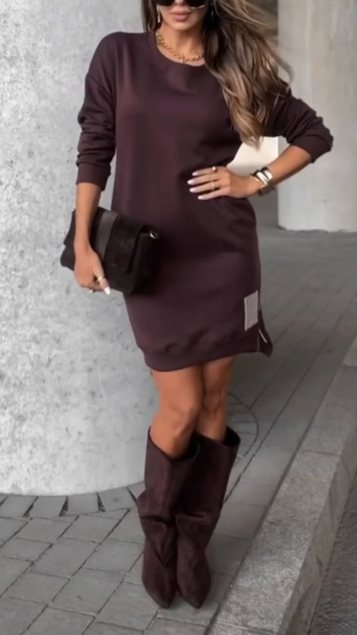 Womens Round Neck Side Zipper Casual Dress