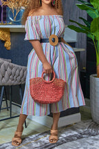 Women's Casual Striped Off-Shoulder Jumpsuit with Wide Leg Cropped Pants