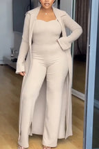 Women Inner Suspender Solid Color Jumpsuit + Long Cardigan Temperament Casual Set