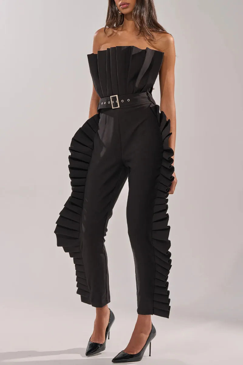 Women's Structured Pleated Trim Strapless Jumpsuit With Waist Belt