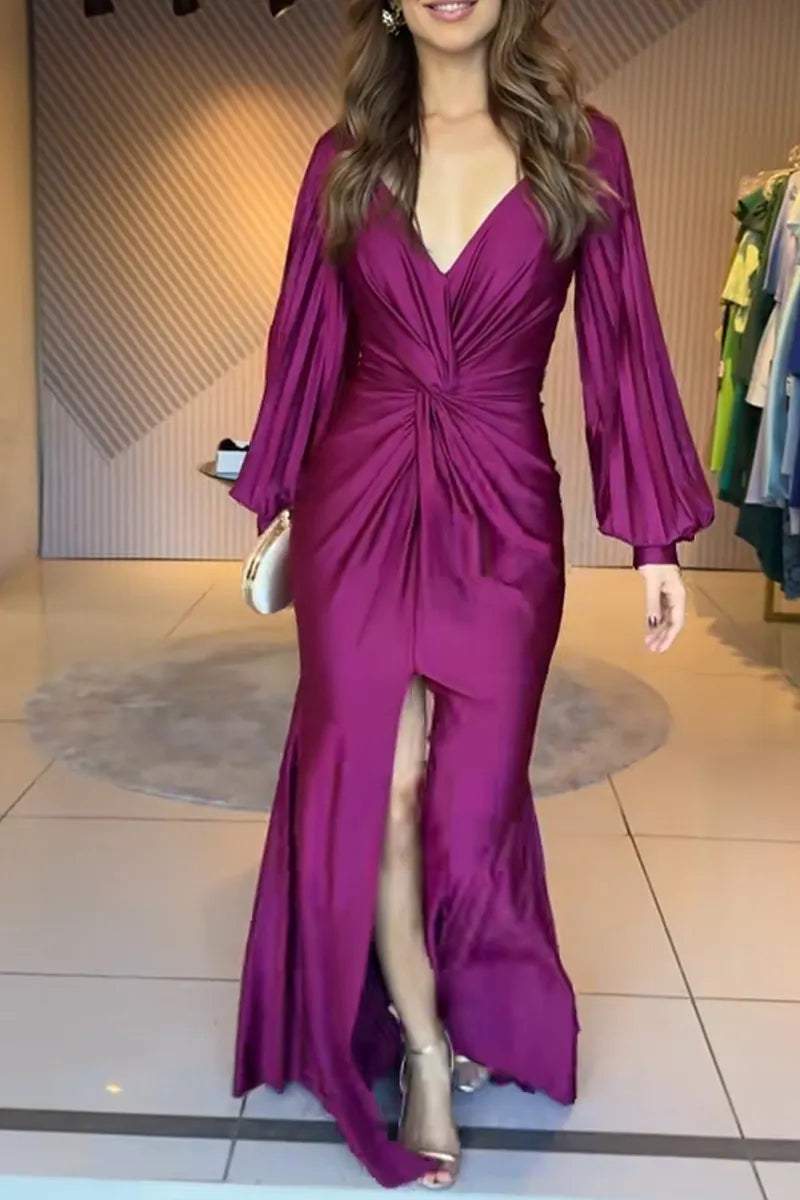 Women's Elegant Puff Sleeve Knot Trim Maxi Dress