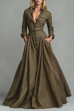 Womens Lapel Row Solid Color Elegant Temperament Dress