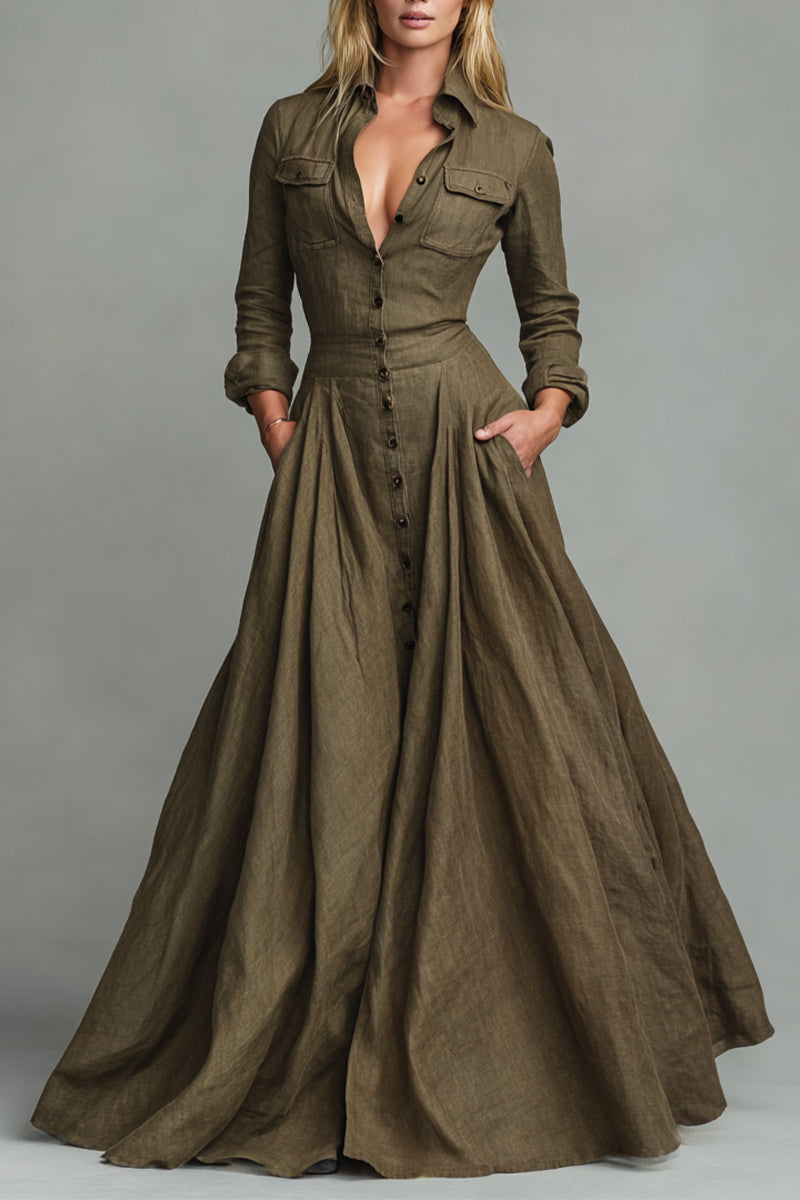 Womens Lapel Row Solid Color Elegant Temperament Dress