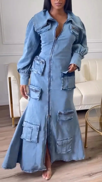 Women Collar Zipper Splicing Multi Pocket Casual Denim Dress