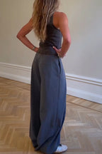 Women Casual Round Neck Sleeveless Zipper Denim Top or Wide Leg Pants