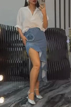 Women Elegant Casual Collar Shirt or Irregular Slit Denim Half Skirt