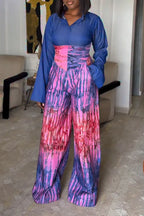 Women Collar Patchwork Print Elegant Temperament Jumpsuit