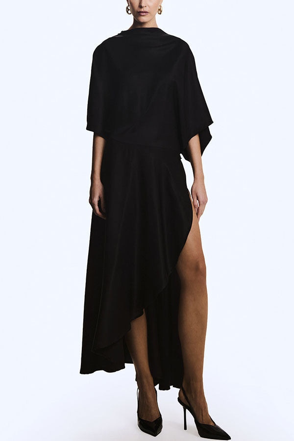 Satin Wrap Asymmetric Maxi Dress | Half-Sleeve Draped Silhouette