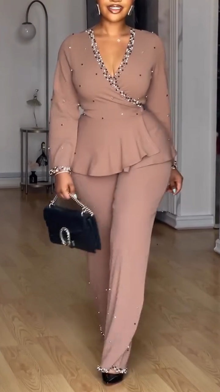 Women V-neck Nail Bead Top + Pants Temperament Commuting Suit