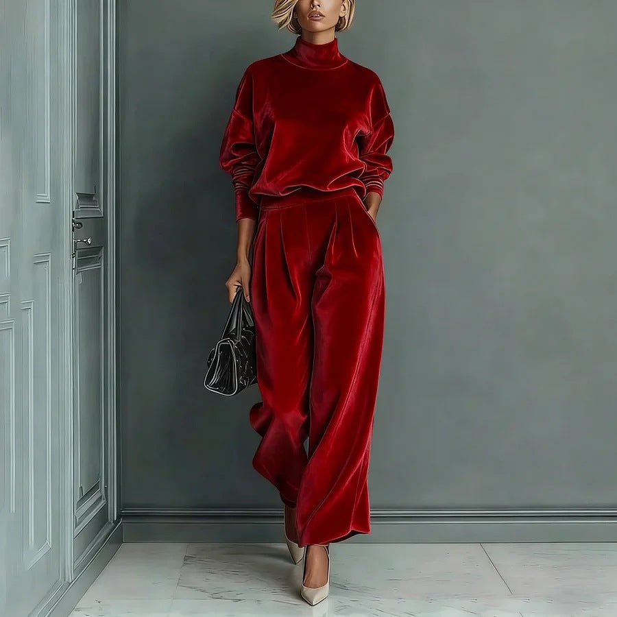 Velvet Cloud Oversized Co-ord Set: Luxe Turtleneck & Tailored Wide-Leg Pants