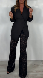 Women Irregular Jacket+ Printed Hollow Lace Pants Temperament Commuting Set