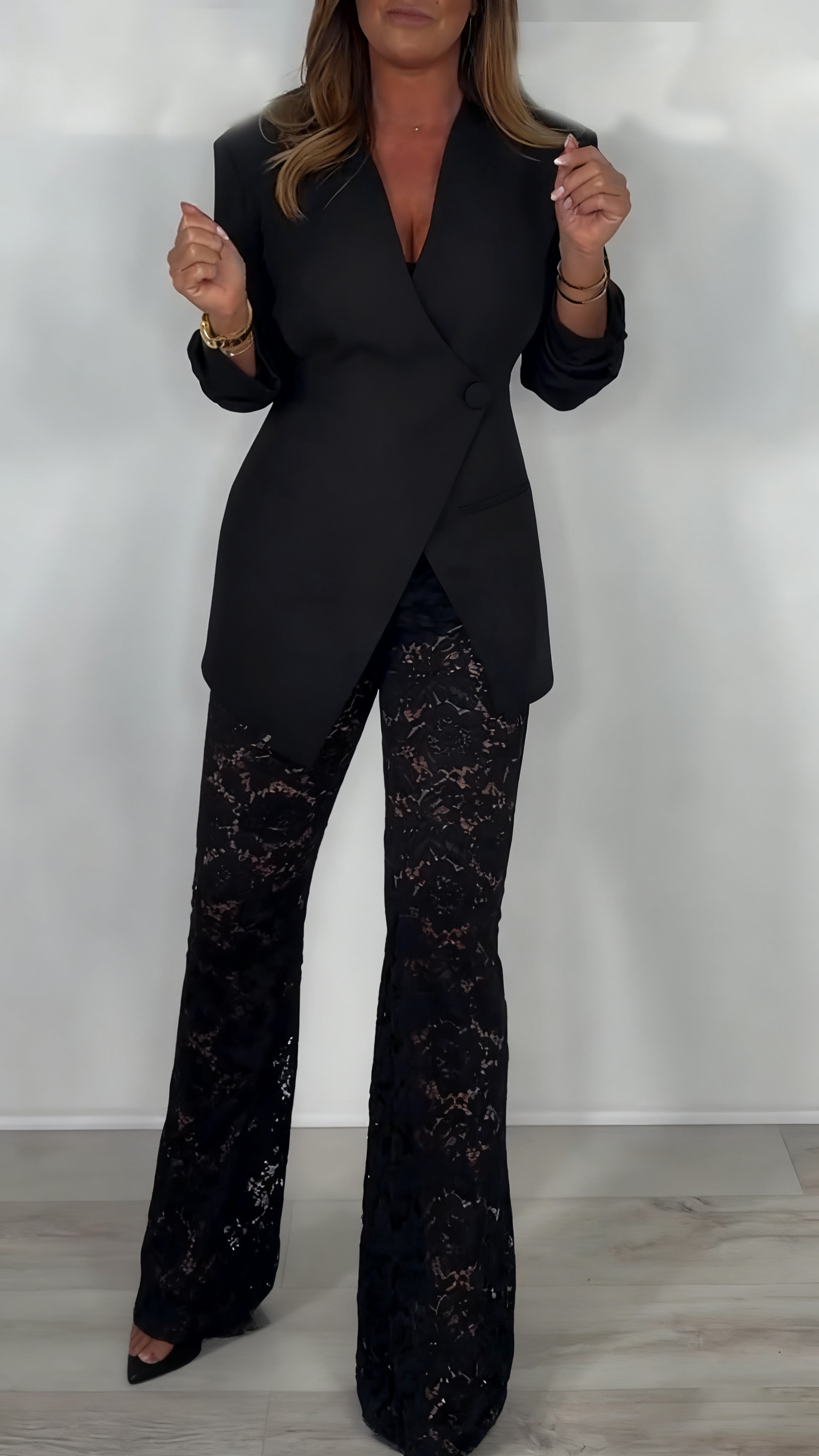 Women Irregular Jacket+ Printed Hollow Lace Pants Temperament Commuting Set