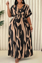 Women's Abstract Print V-Neck Batwing Sleeve Waisted Maxi Dress