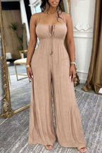 Women's Halter Neck Tie Up Openwork Wide Leg Vacation Jumpsuit