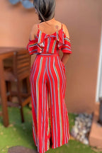 Women's Bright Color Striped Ruffle Trim Wide Leg Vacation Jumpsuit