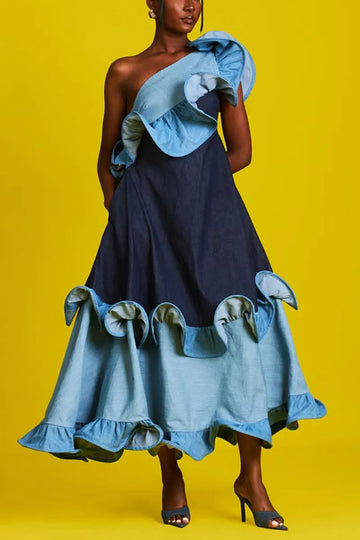 Women's Two Tone Color Block Denim One Shoulder Ruffle Trim Flowy Midi A Line Dress With Side Pockets