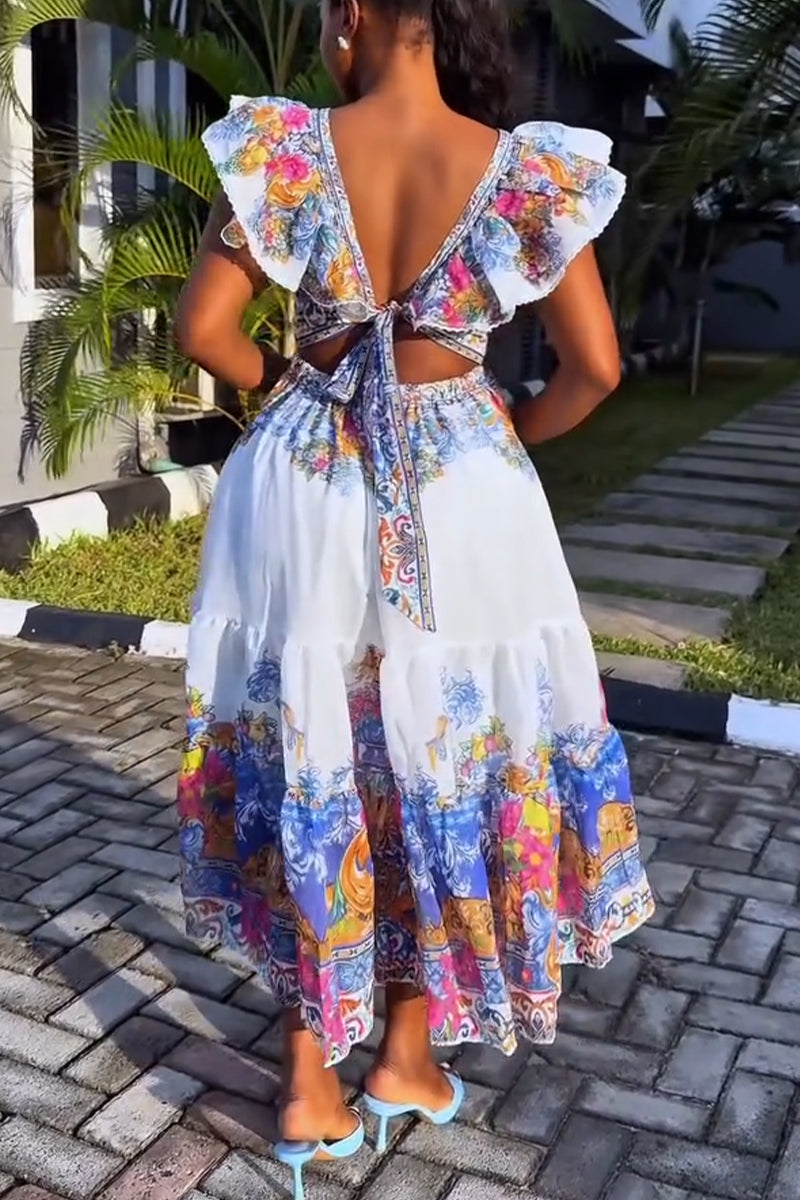 Women V-neck Printed Waist Cinched Flying Sleeve Elegant Casual Maxi Dresses