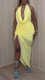 Women neck hanging sleeveless solid color slit sexy temperament dress