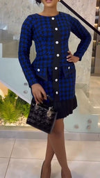Women Round Neck Breasted Patchwork Plaid Elegant Temperament Dress
