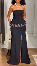 Women Strapless Rhinestone Top + Slit Skirt Evening Wedding Style Suit