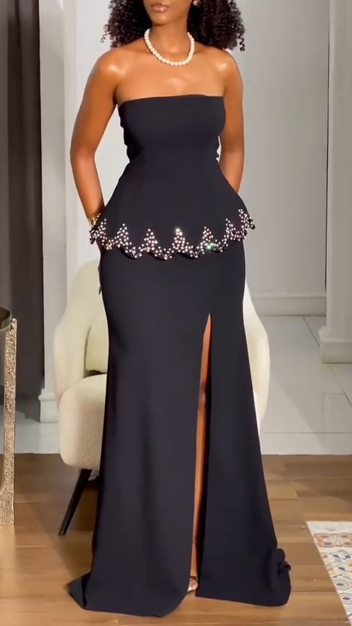 Women Strapless Rhinestone Top + Slit Skirt Evening Wedding Style Suit