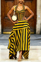 Women's Fashion Stripe Vest & Tiered Asymmetric Hem Skirt