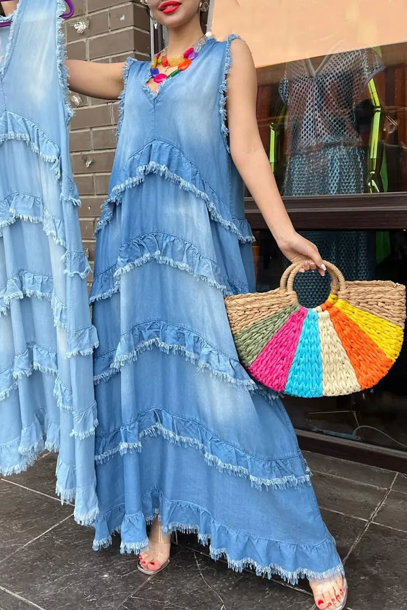 Women's V-neck Multi-layered Stitching Tassel A-line Denim Dress