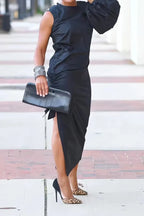 Women's Asymmetrical Black Maxi Dress with Single Statement Puff Sleeve