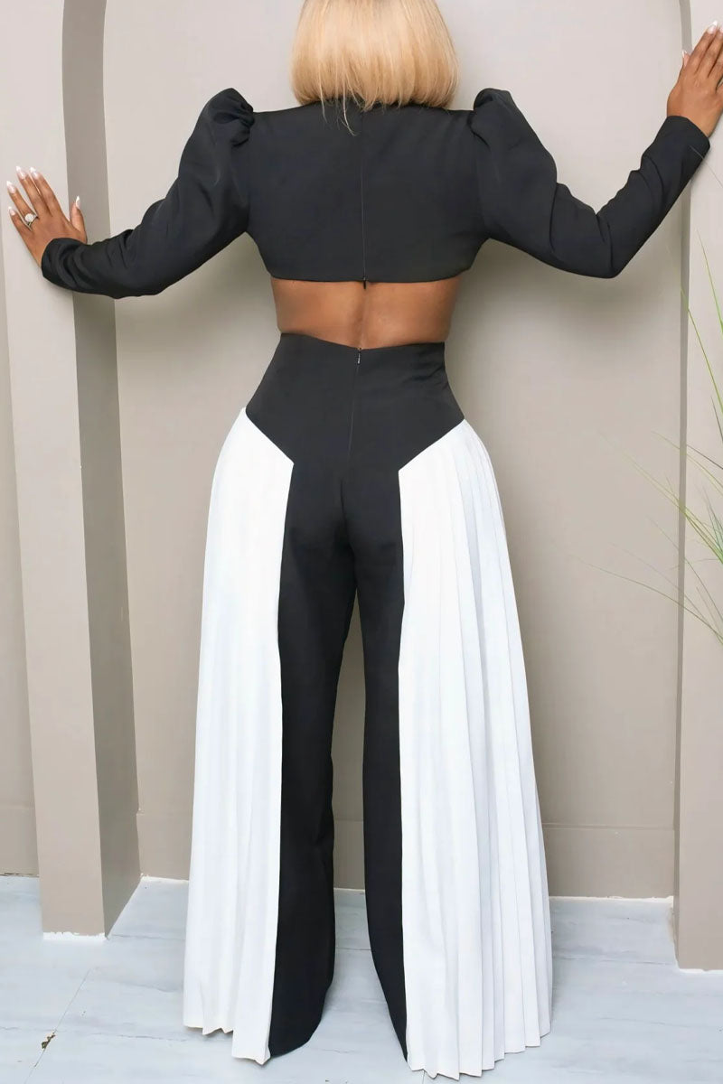 Women's Deep V Neck Twist Waist Cutout Pleated Side Wide Leg Jumpsuit