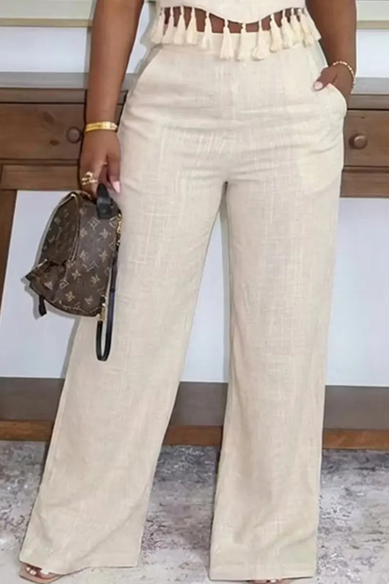 Women's Strapless Cropped Top With Fringed Hem Or Wide Leg Commuter Trousers