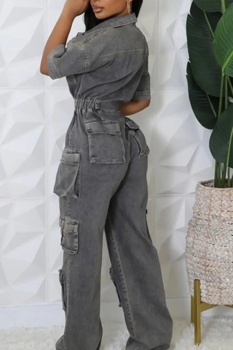 Women's Utility Denim Jumpsuit with Multiple Cargo Pockets & Wide Leg Denim