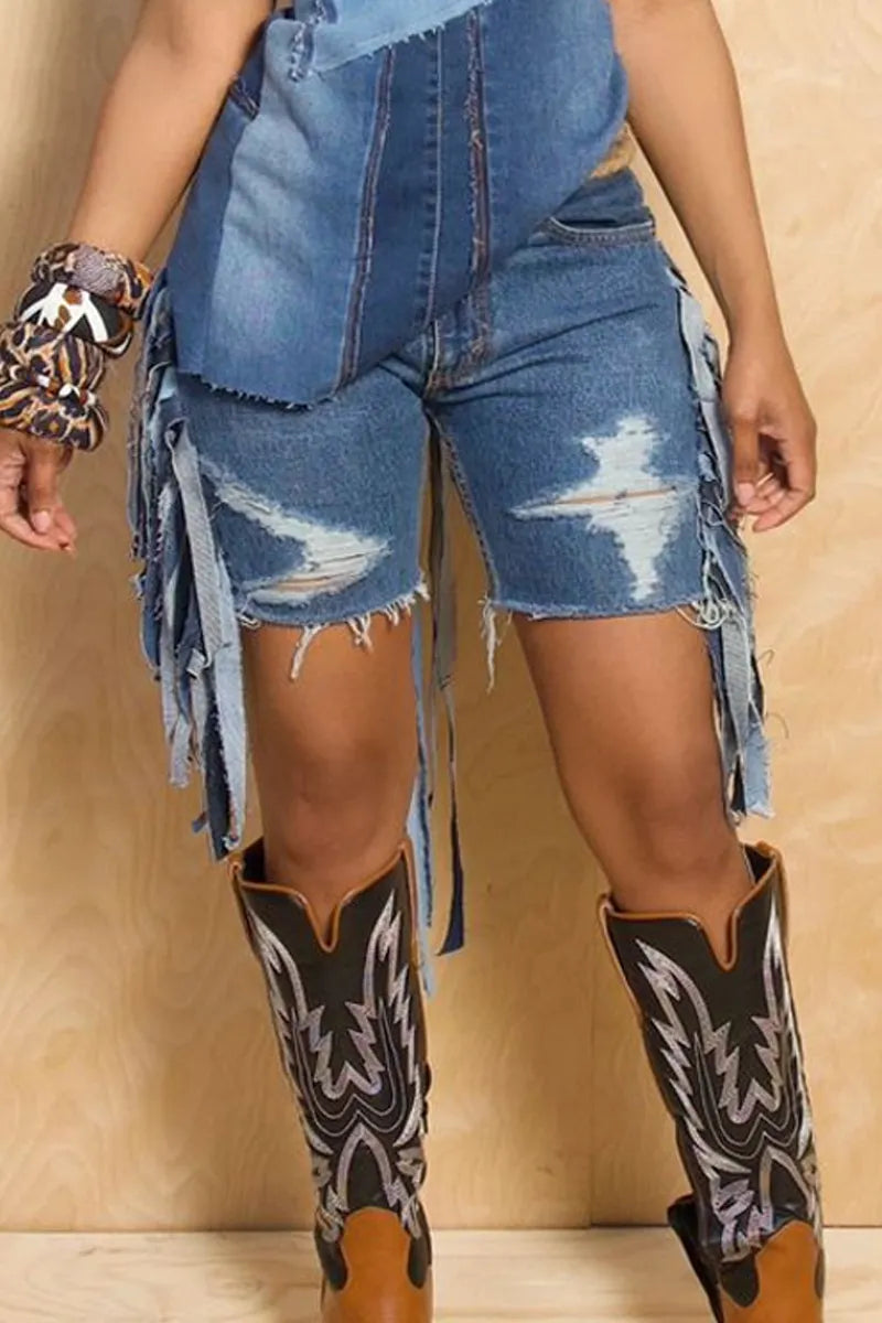 Women's Two Tone Patchwork Fringe Sleeveless Denim Tunic Top Or Ripped Raw Hem Denim Short
