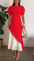 Women Round Neck Irregular Solid Color Elegant Temperament Dress
