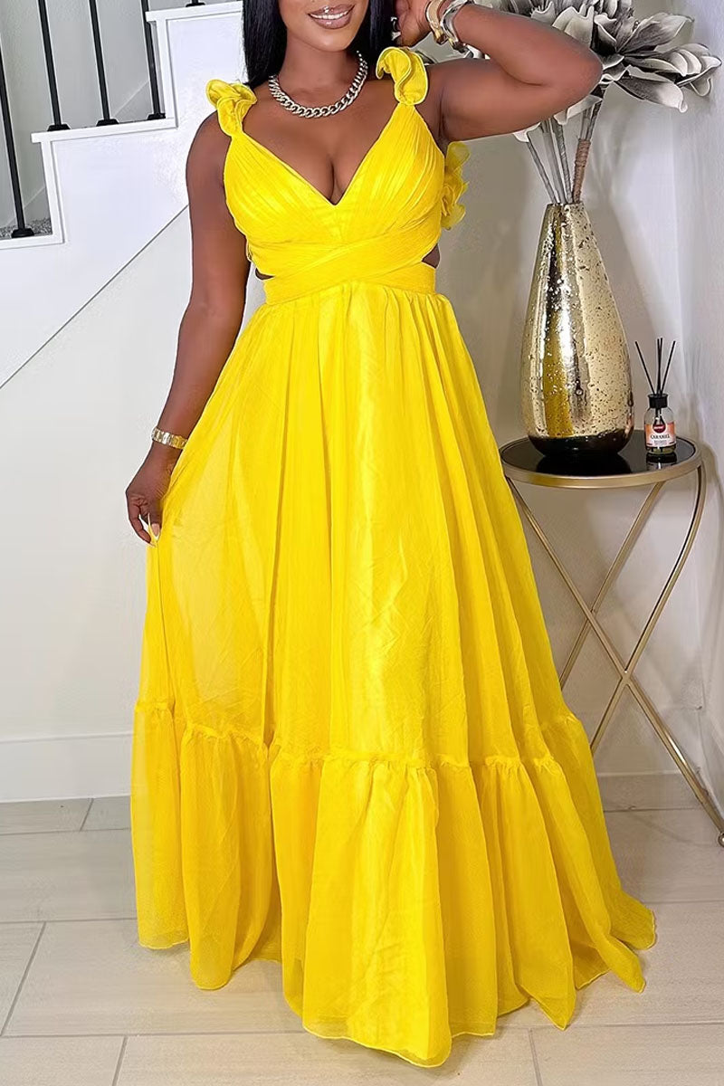 Women's Elegant  Ruffle Backless Lace-Up Maxi Dress