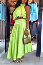 Women Neck Hanging Top + Half Skirt Solid Color Elegant Casual Suit