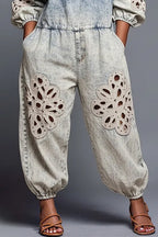 Women's Vacation White Off Shoulder Half Sleeved Hollow Pocket Denim Jumpsuit