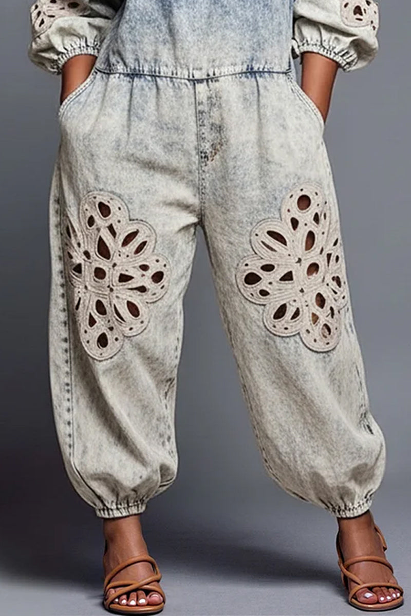 Women's Vacation White Off Shoulder Half Sleeved Hollow Pocket Denim Jumpsuit