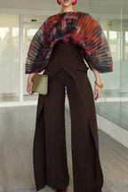 Women's Fashion Pleated Print Bodysuit & High Waist Double Layer Pants