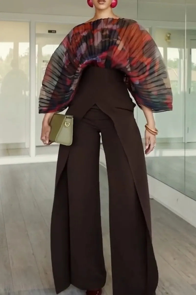 Women's Fashion Pleated Print Bodysuit & High Waist Double Layer Pants